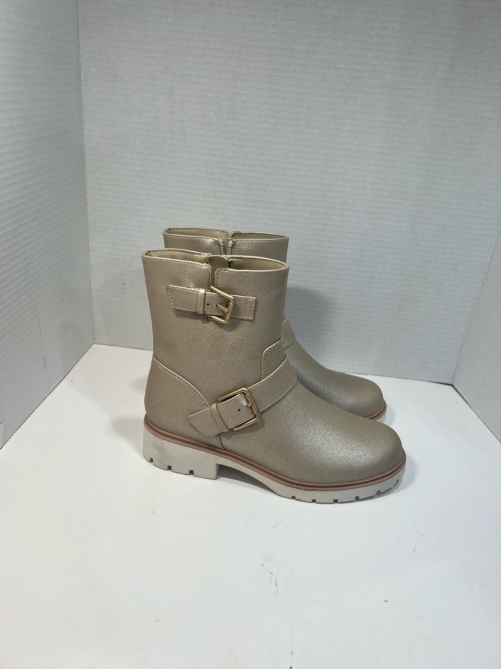art class Metallic Cream Ankle Boots with Gold Buckles